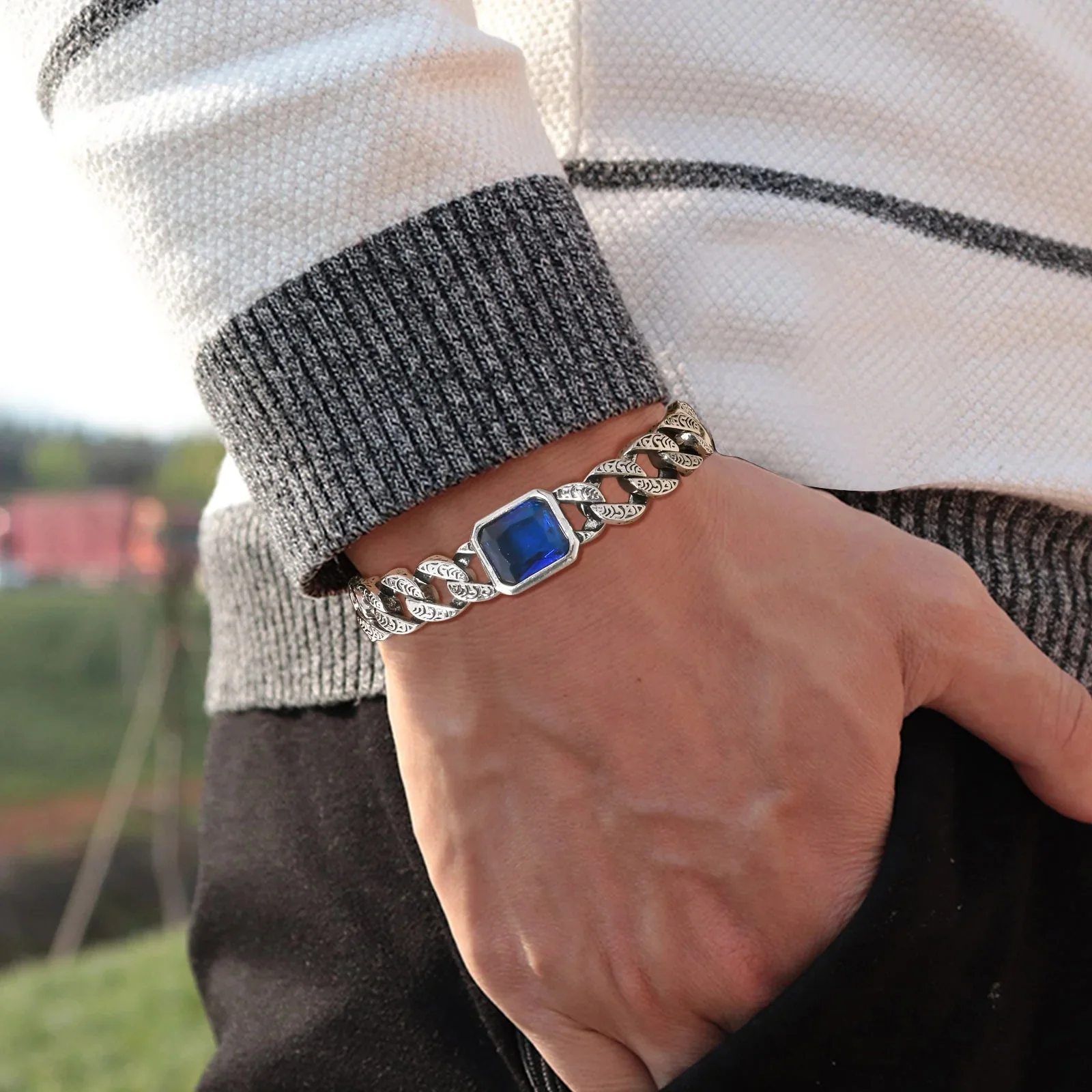 Pulseira Masculina de Corrente Cubana com Pedra Azul em Aço Inoxidável - Image 3