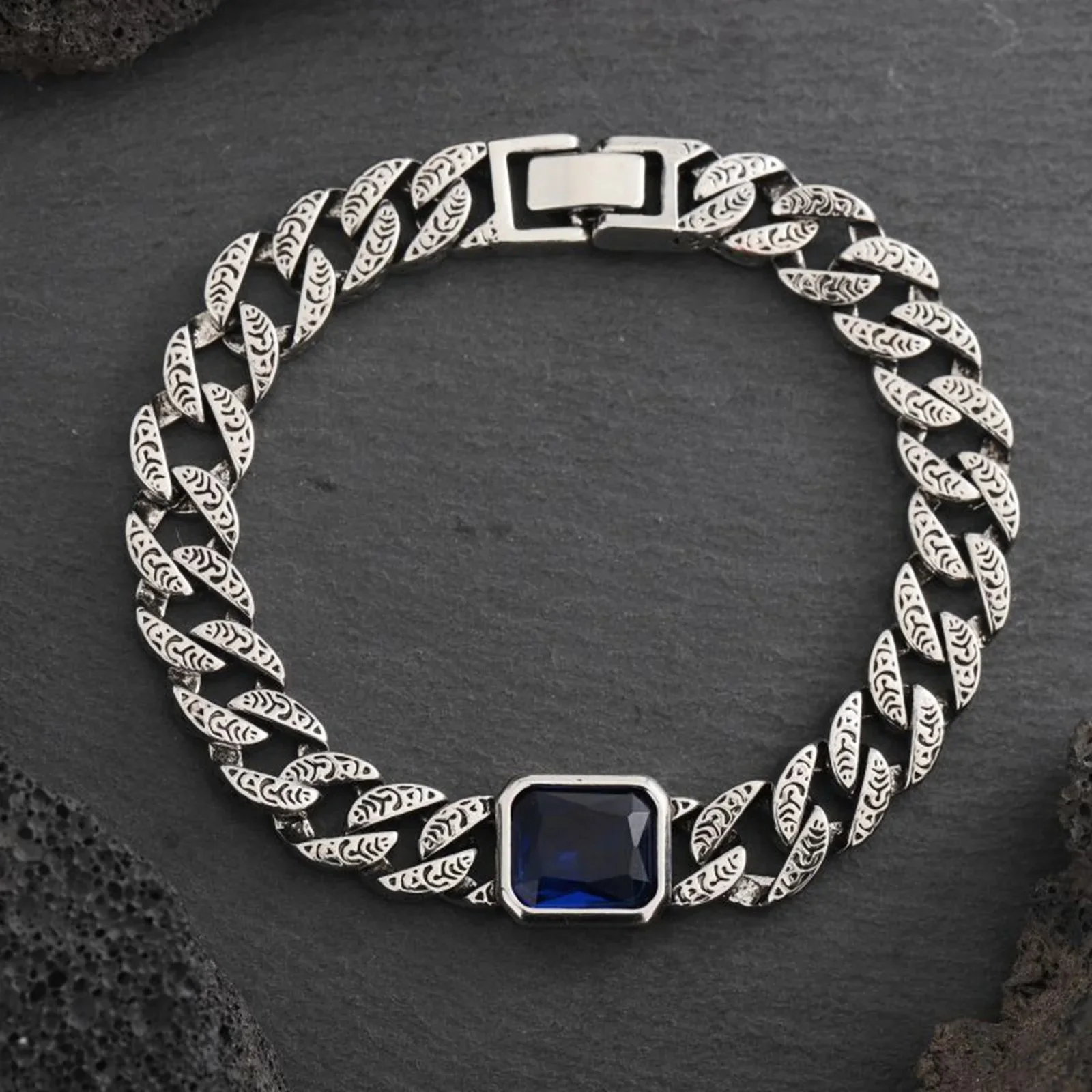 Pulseira Masculina de Corrente Cubana com Pedra Azul em Aço Inoxidável - Image 4
